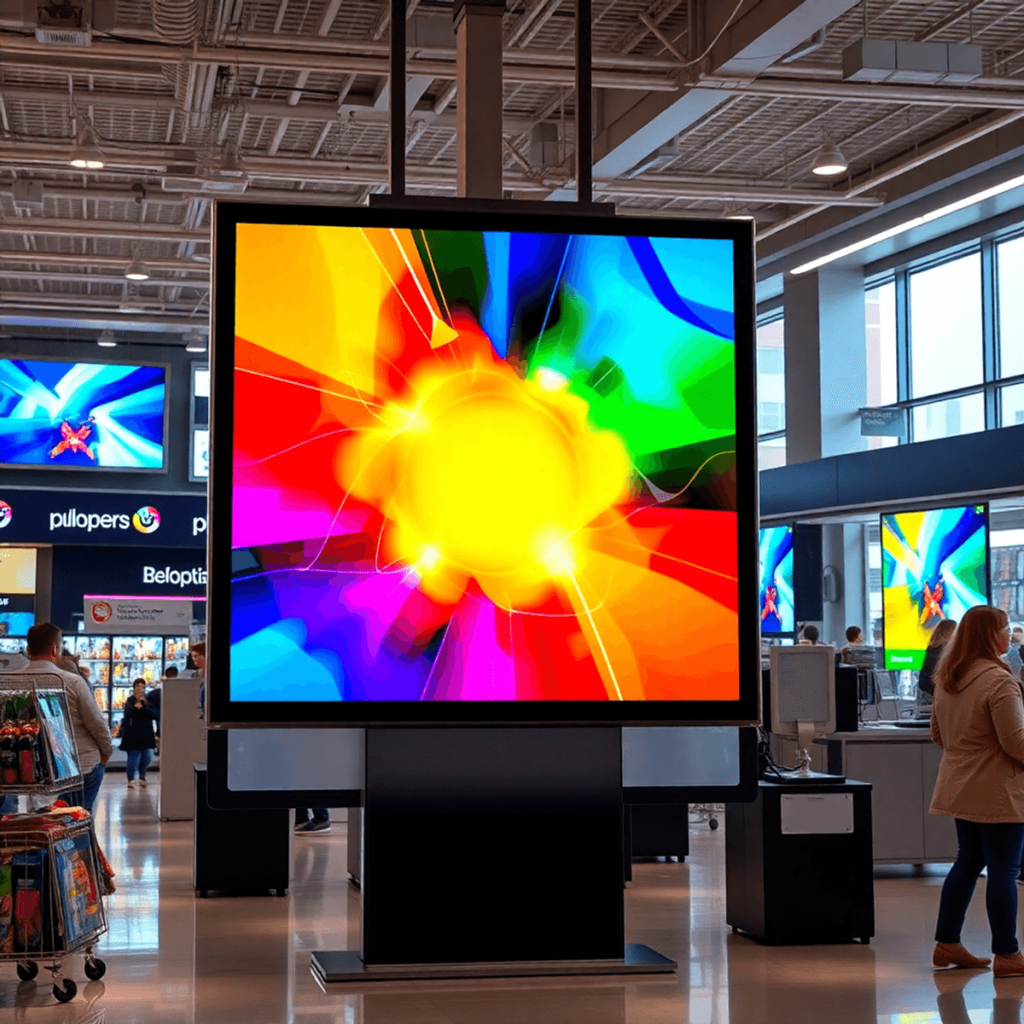 A-modern-digital-signage-display-in-a-retail-setting-showcasing-colorful-advertisements-surrounded-by-an-engaging-atmosphere-filled-with-energy-and-innovation